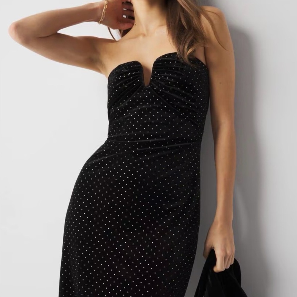 White House Black Market Black Velvet Holiday Dress with Gold Dots Sz 12